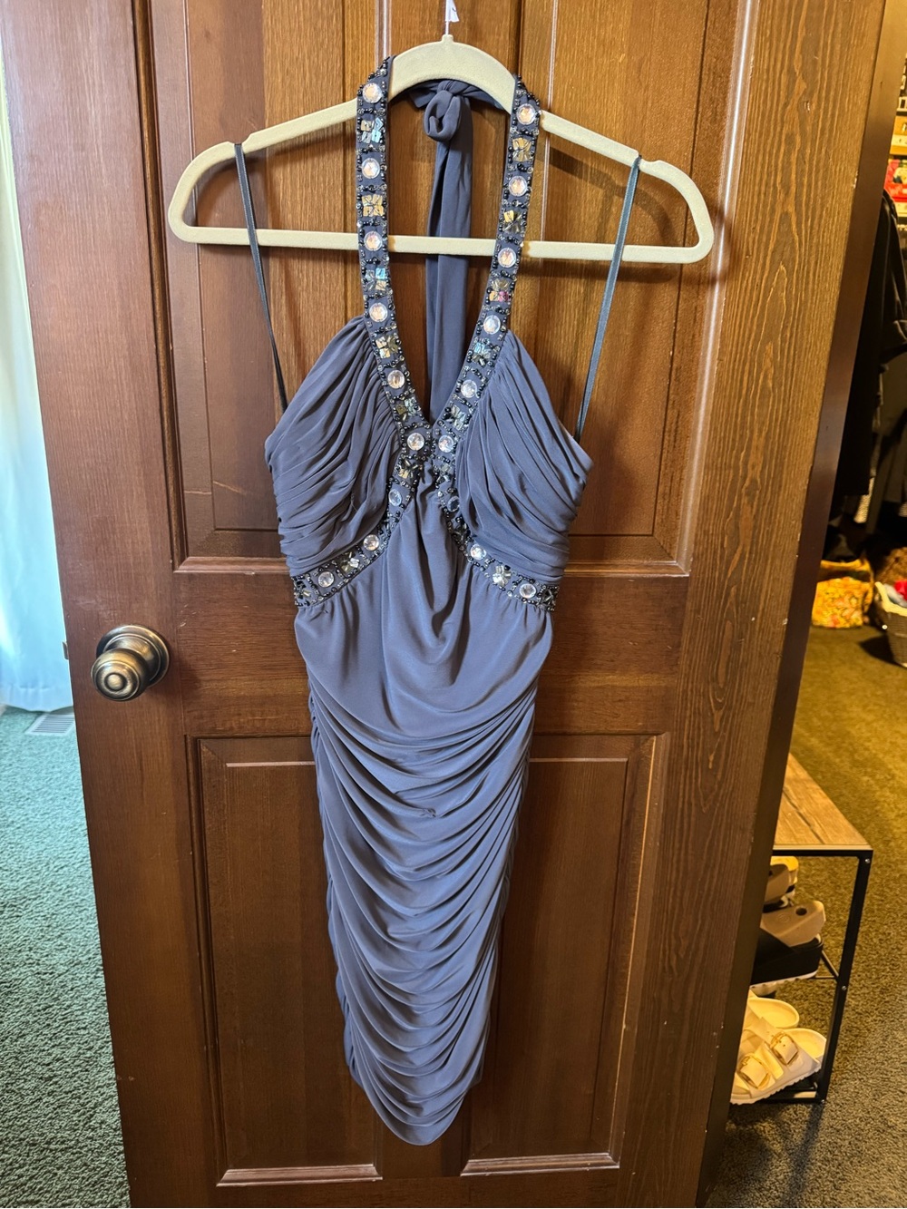 Hailey Logan Beaded Gray One-Shoulder Ruched Cocktail Dress